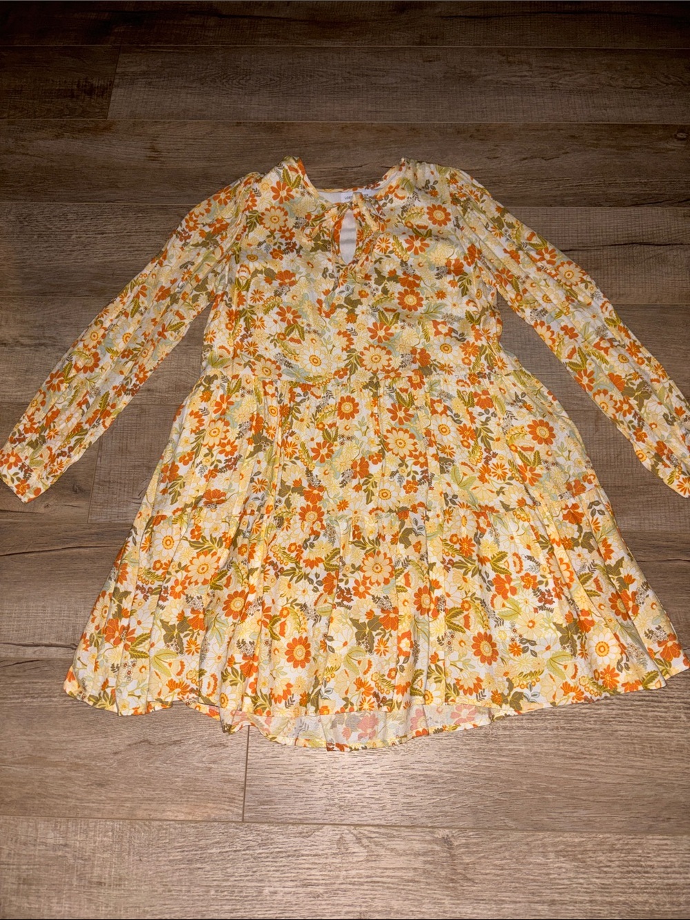 Lost + Wander Floral Long Sleeve Mini Dress in Cream and Orange
